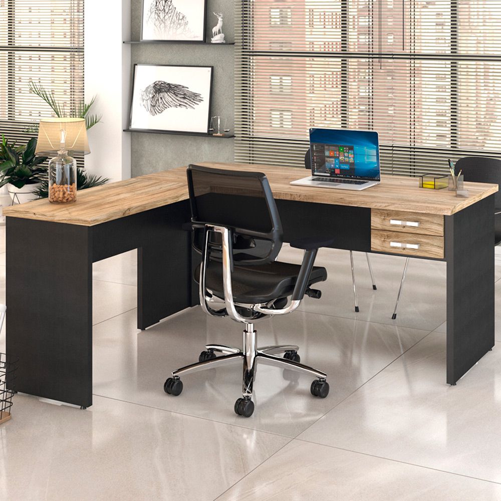 Mesa Para Escritório Home Office em L Diretor W30 C01 160x160cm Carvalho com Preto Onix - Lyam Decor