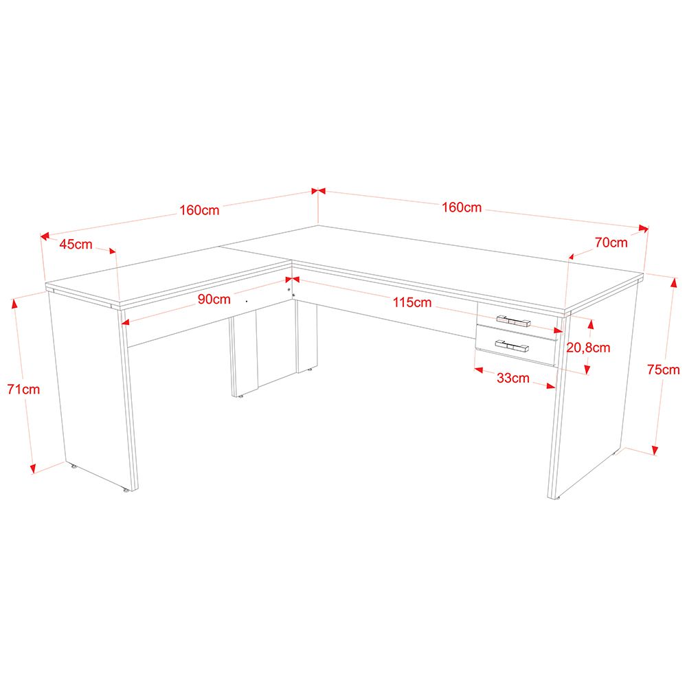 Mesa Para Escritório Home Office em L Diretor W30 C01 160x160cm Nogal com Preto Onix - Lyam Decor
