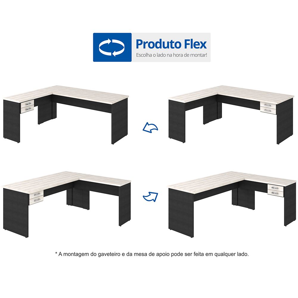 Mesa Para Escritório Home Office em L Diretor W30 C01 160x160cm Nogal com Preto Onix - Lyam Decor