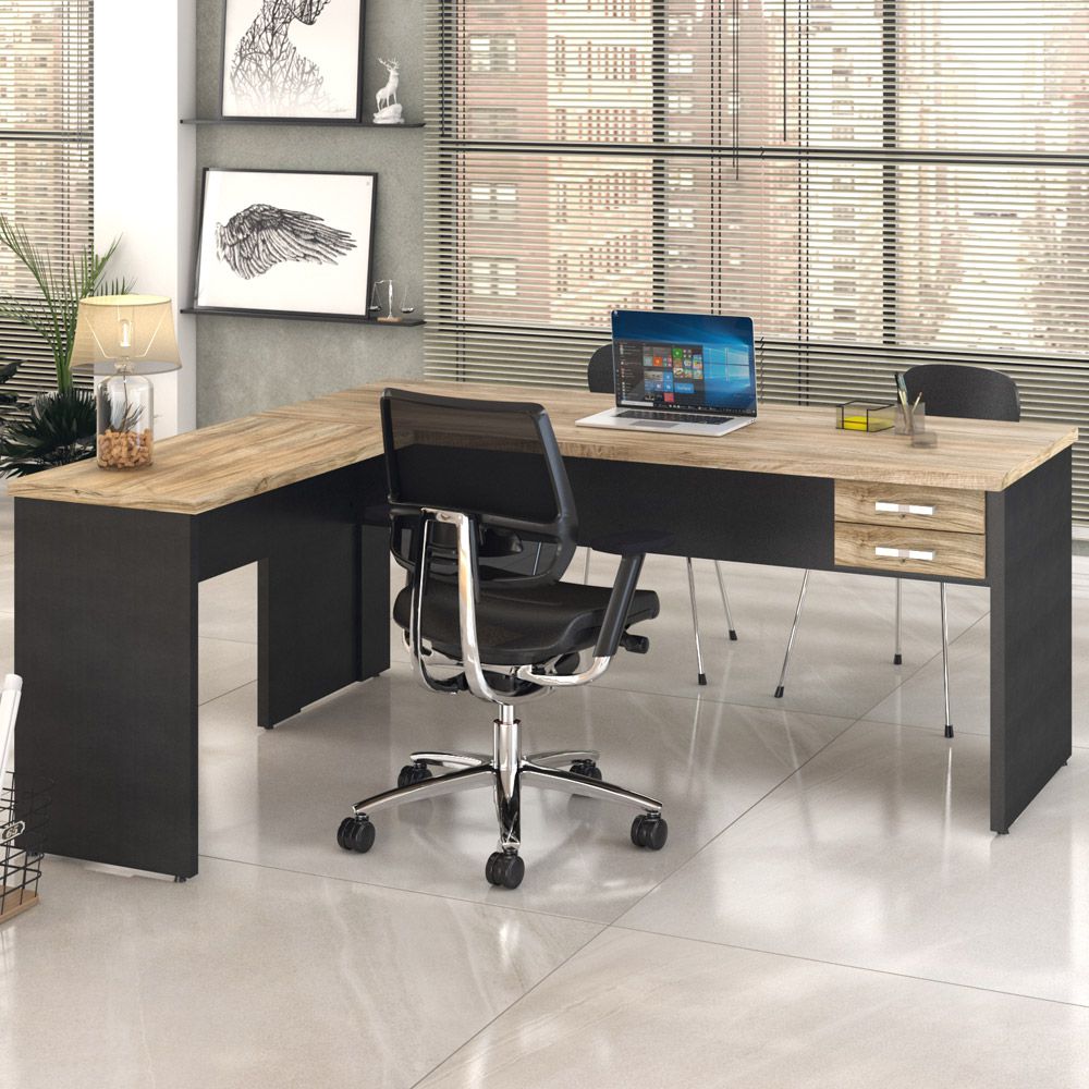 Mesa Para Escritório Home Office em L Diretor W30 C01 180x160cm Carvalho com Preto Onix - Lyam Decor