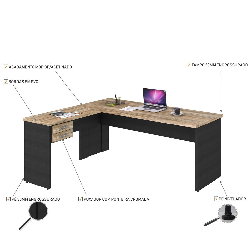 Mesa Para Escritório Home Office em L Diretor W30 C01 180x160cm Carvalho com Preto Onix - Lyam Decor