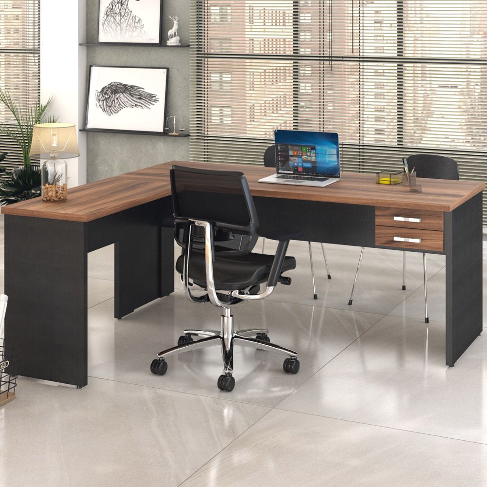 Mesa Para Escritório Home Office em L Diretor W30 C01 180x160cm Nogal com Preto Onix - Lyam Decor