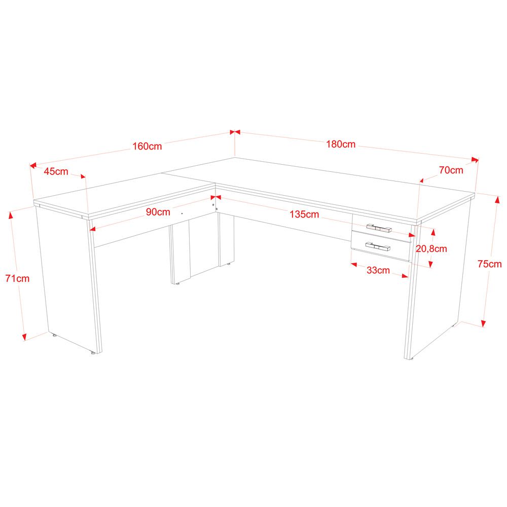 Mesa Para Escritório Home Office em L Diretor W30 C01 180x160cm Nogal com Preto Onix - Lyam Decor