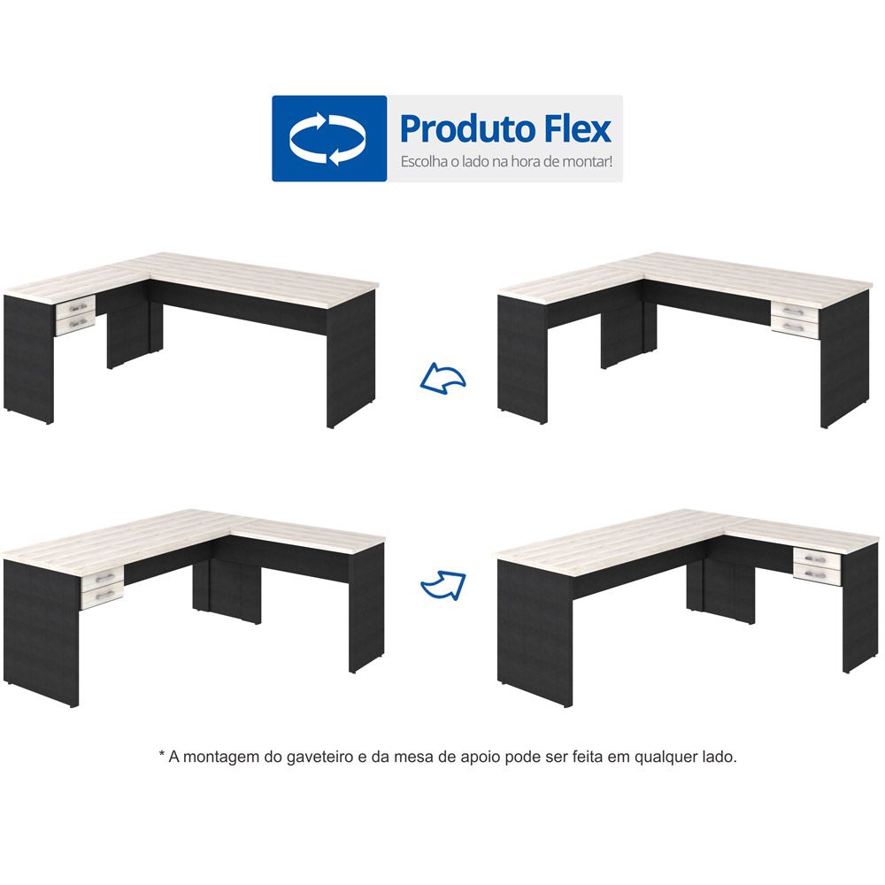 Mesa Para Escritório Home Office em L Diretor W30 C01 180x160cm Nogal com Preto Onix - Lyam Decor