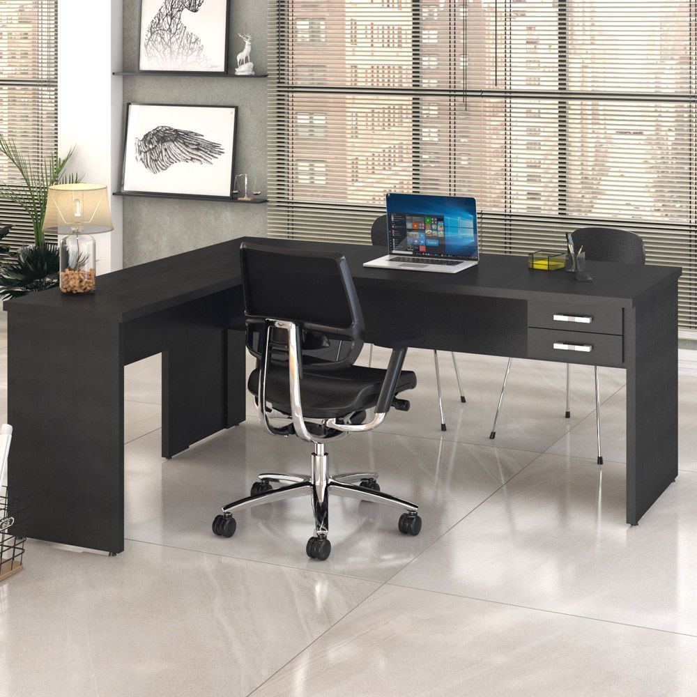 Mesa Para Escritório Home Office em L Diretor W30 C01 180x160cm Preto Onix - Lyam Decor