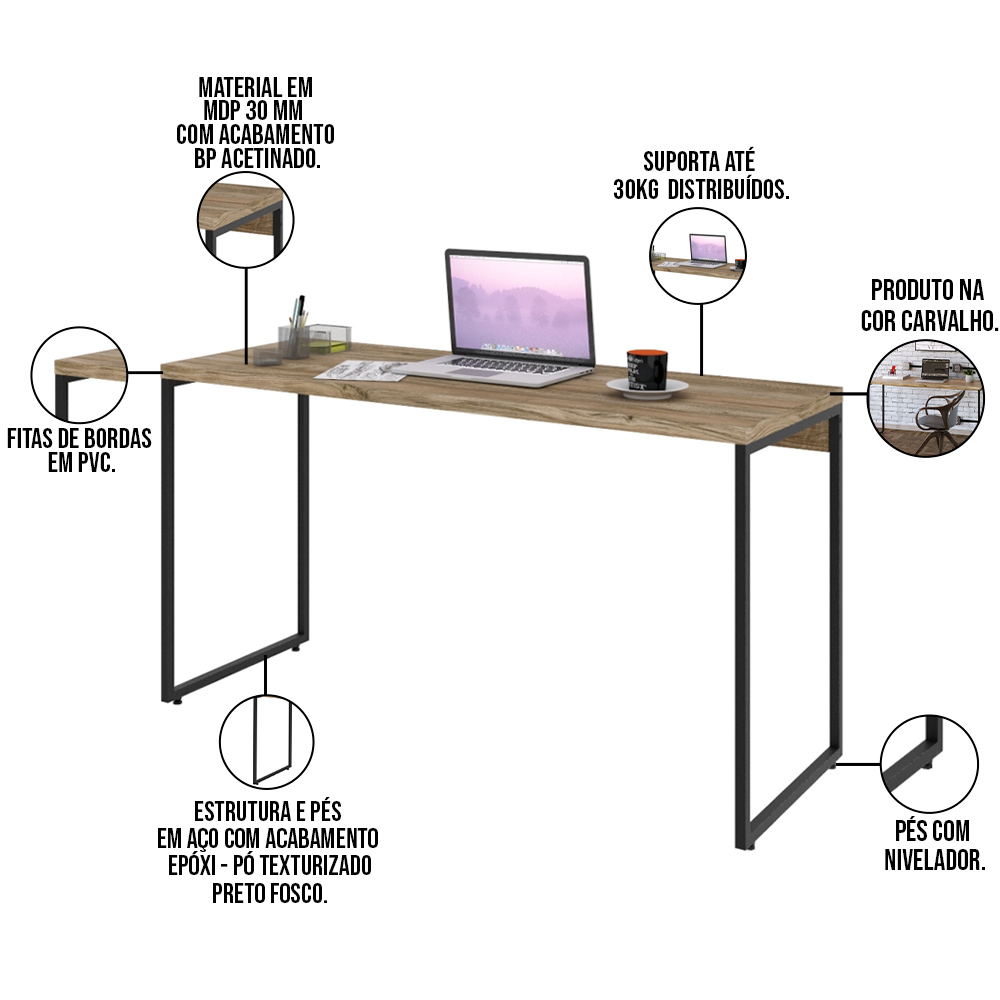 Mesa Para Escritório e Home Office Industrial Aspen 135 cm C01 Carvalho - Lyam Decor
