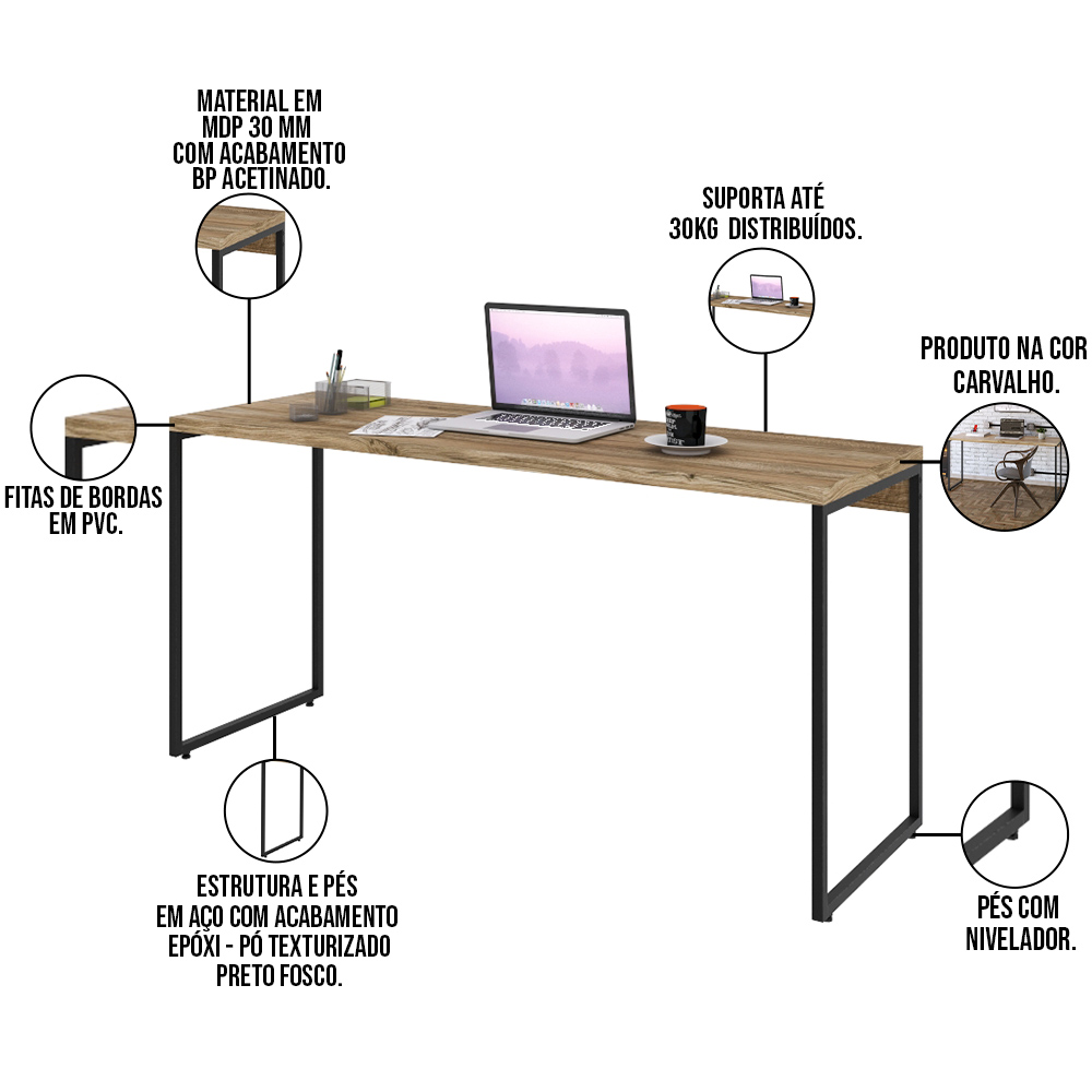 Mesa Para Escritório e Home Office Industrial Aspen 150 cm C01 Carvalho - Lyam Decor
