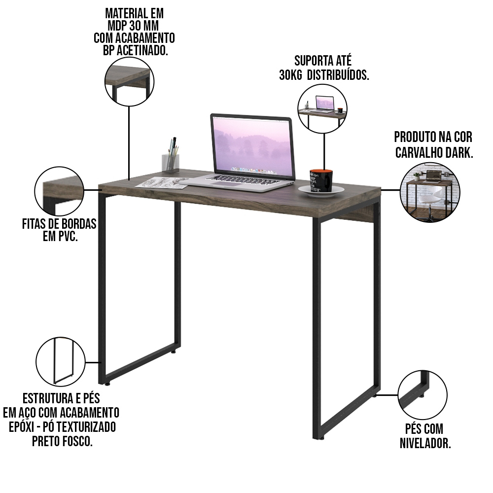 Mesa Para Escritório e Home Office Industrial Aspen 90 cm C01 Carvalho Dark - Lyam Decor