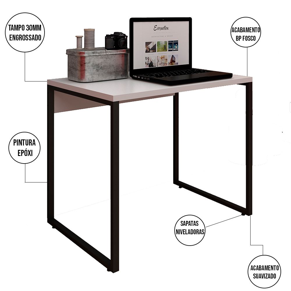 Mesa Para Escritório e Home Office Industrial Soft 90 cm F01 Branco Fosco - Lyam Decor