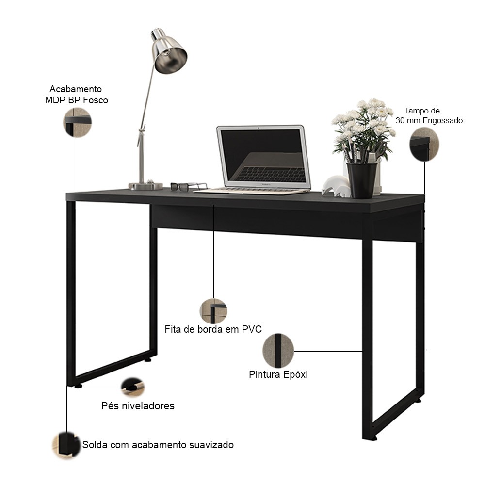Mesa Para Escritório e Home Office Industrial Soft F01 Preto Fosco - Lyam Decor