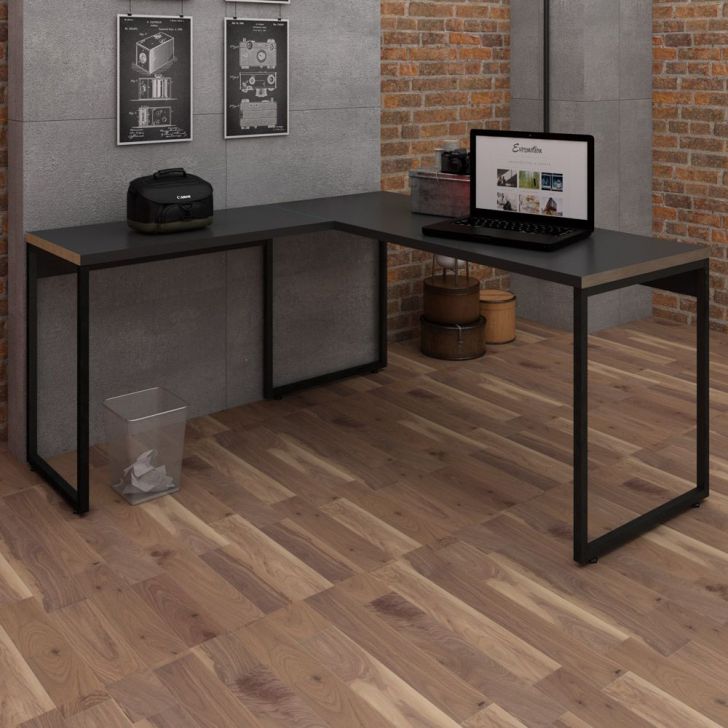 Mesa Para Escritório Home Office Estilo Industrial em L Form C01 150x150cm  Preto Onix - Lyam Decor Mesas em L Lyam Decor Loja de Móveis e Decoração