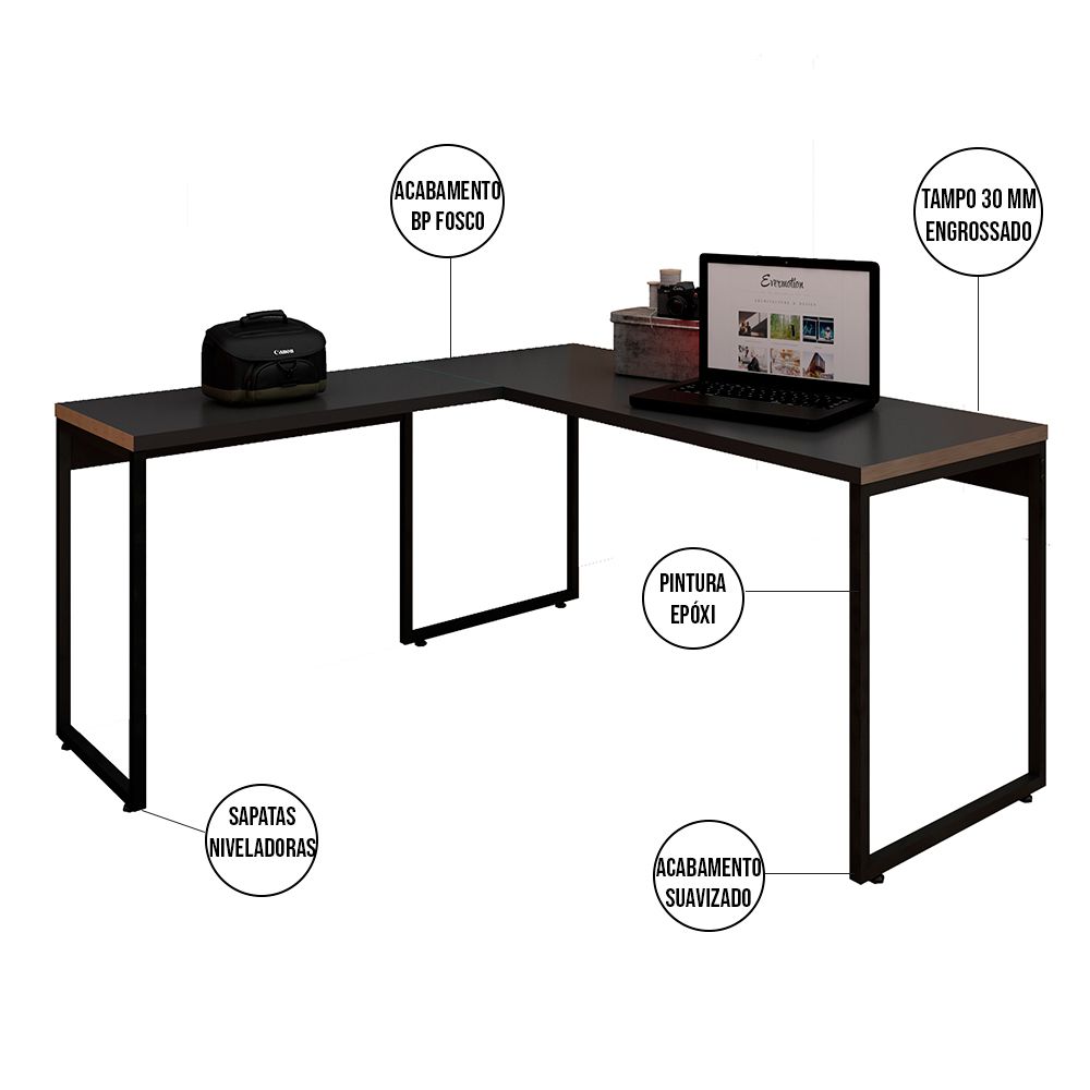 Mesa Para Escritório e Home Office Industrial em L Soft 150 cm F01 Preto Fosco - Lyam Decor