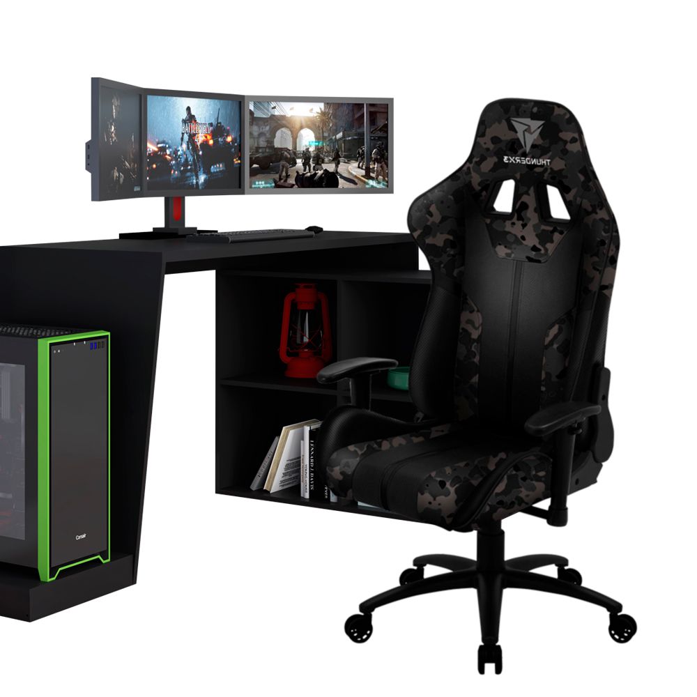 Mesa Para PC Gamer Dark BMG-03 com Cadeira Gamer BC3 ThunderX3 Camuflado Cinza - Lyam Decor