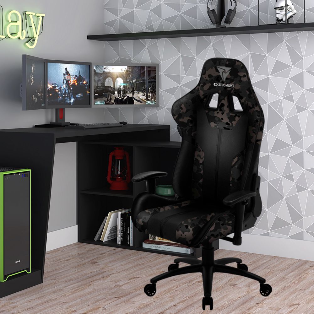 Mesa Para PC Gamer Dark BMG-03 com Cadeira Gamer BC3 ThunderX3 Camuflado Cinza - Lyam Decor