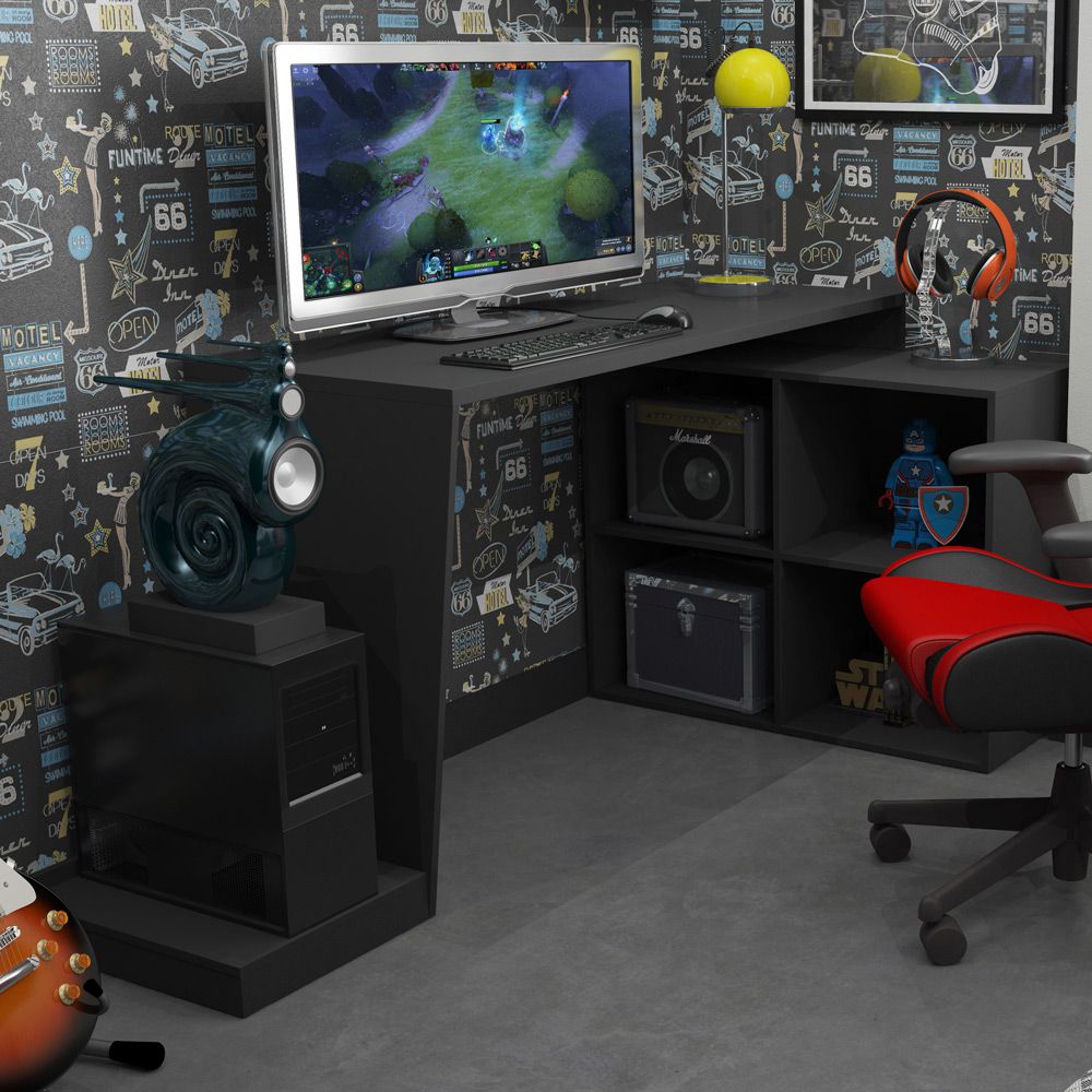 Mesa Para PC Gamer Dark BMG-03 com Cadeira Gamer BC3 ThunderX3 Camuflado Cinza - Lyam Decor