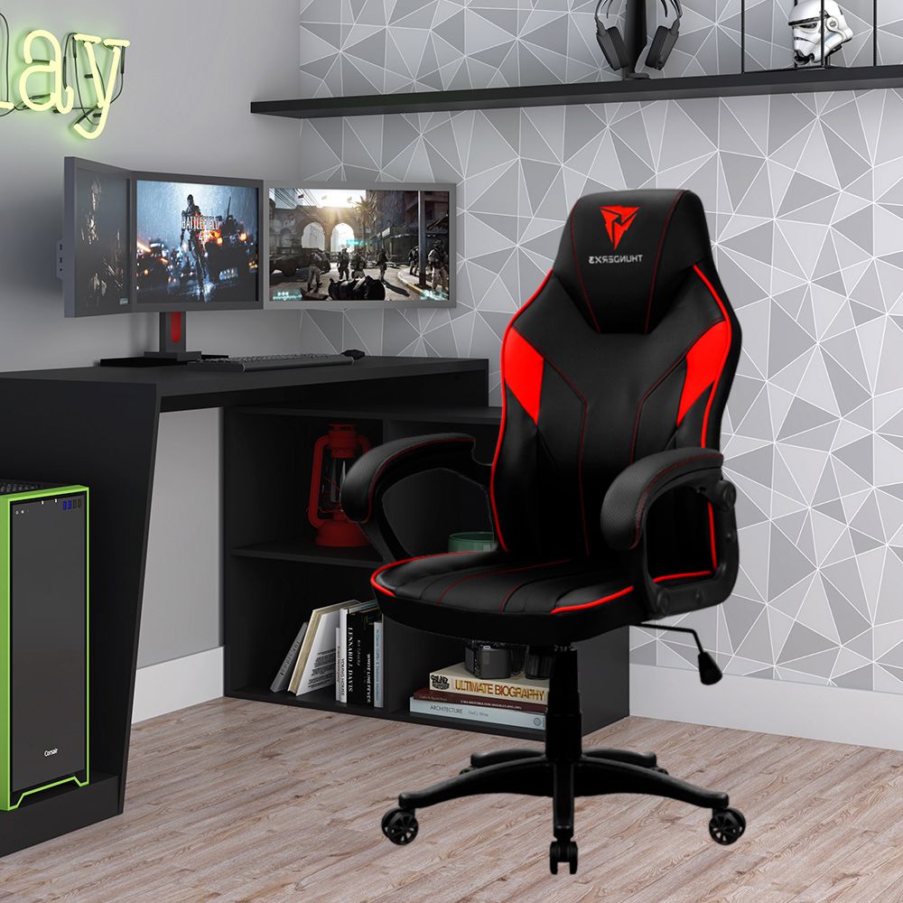 Mesa Para PC Gamer Dark BMG-03 com Cadeira Gamer EC1 ThunderX3 Preto Vermelho - Lyam Decor