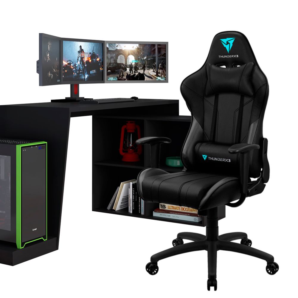 Mesa Para PC Gamer Dark BMG-03 com Cadeira Gamer EC3 ThunderX3 Preto - Lyam Decor
