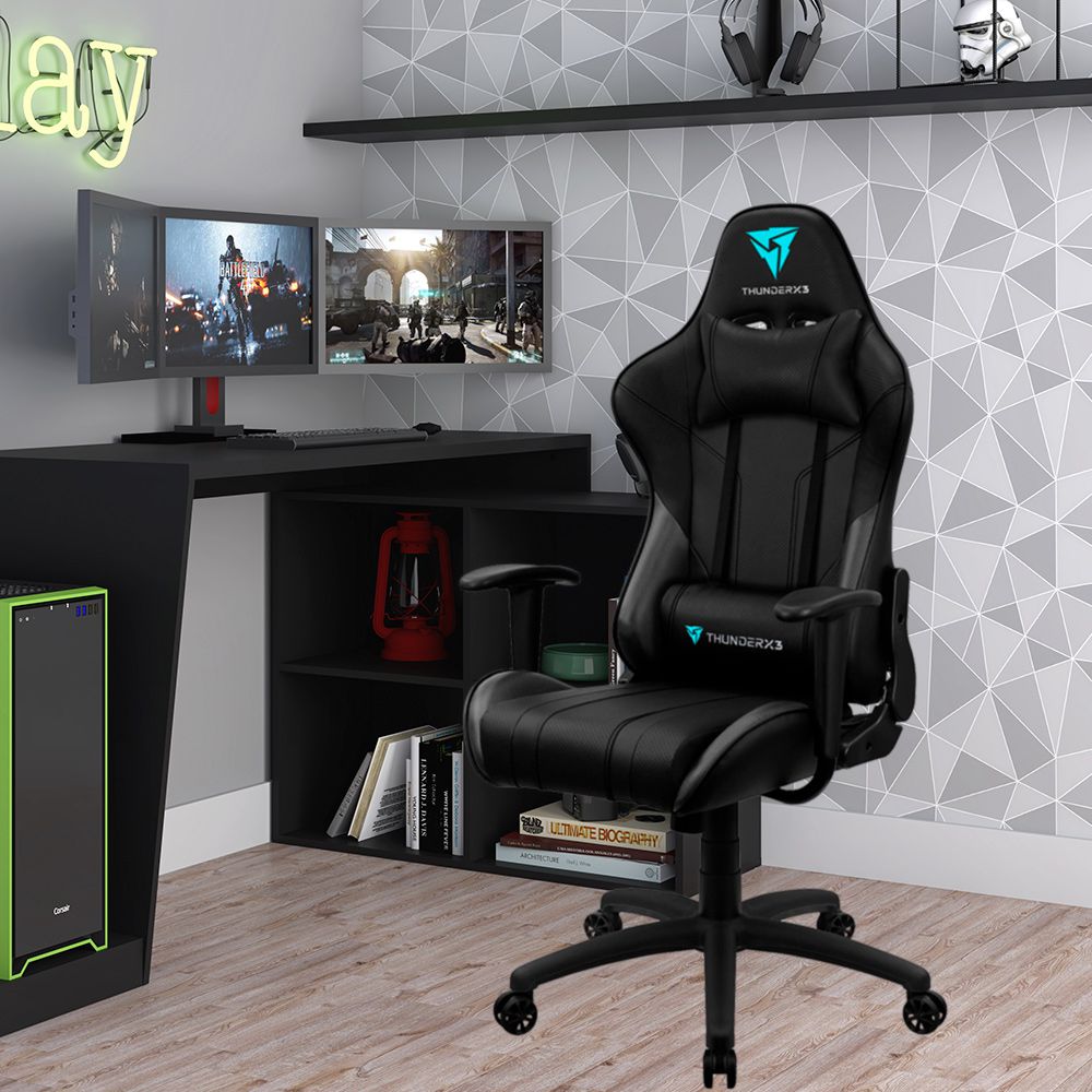 Mesa Para PC Gamer Dark BMG-03 com Cadeira Gamer EC3 ThunderX3 Preto - Lyam Decor