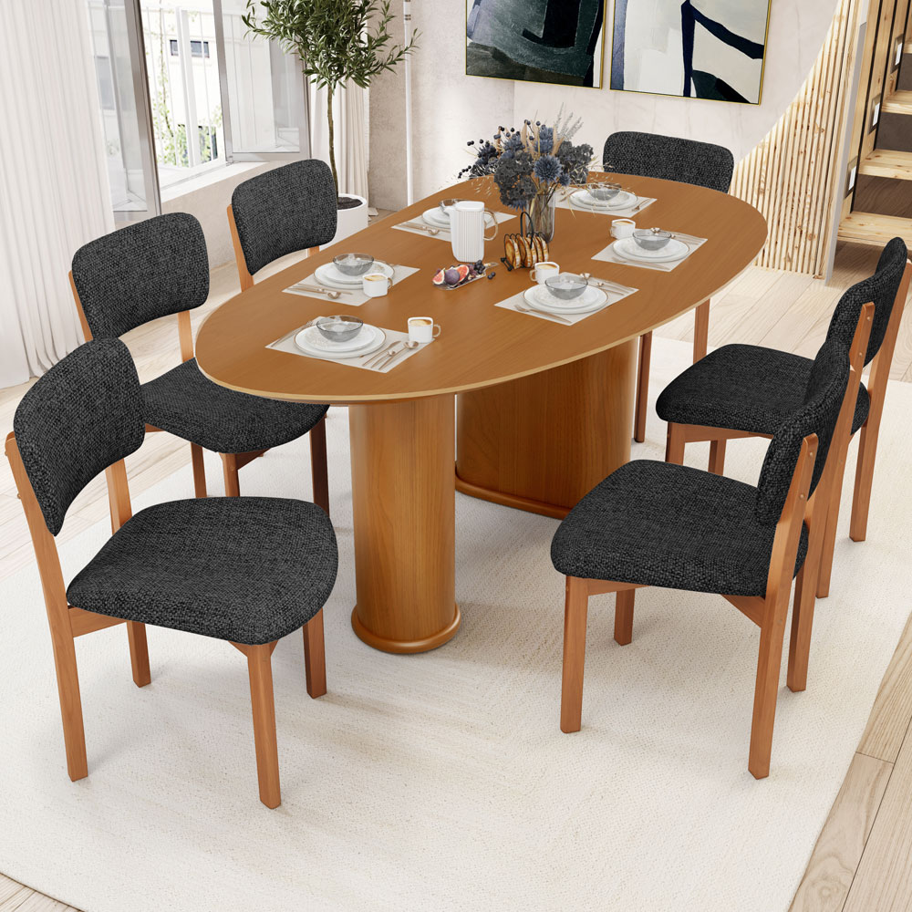 Mesa Para Sala de Jantar Ourense com 06 Cadeiras Sala de Jantar Dara L02 Linho Chumbo - Lyam Decor