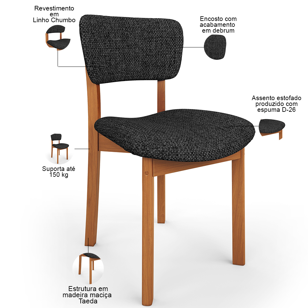 Mesa Para Sala de Jantar Ourense com 06 Cadeiras Sala de Jantar Dara L02 Linho Chumbo - Lyam Decor