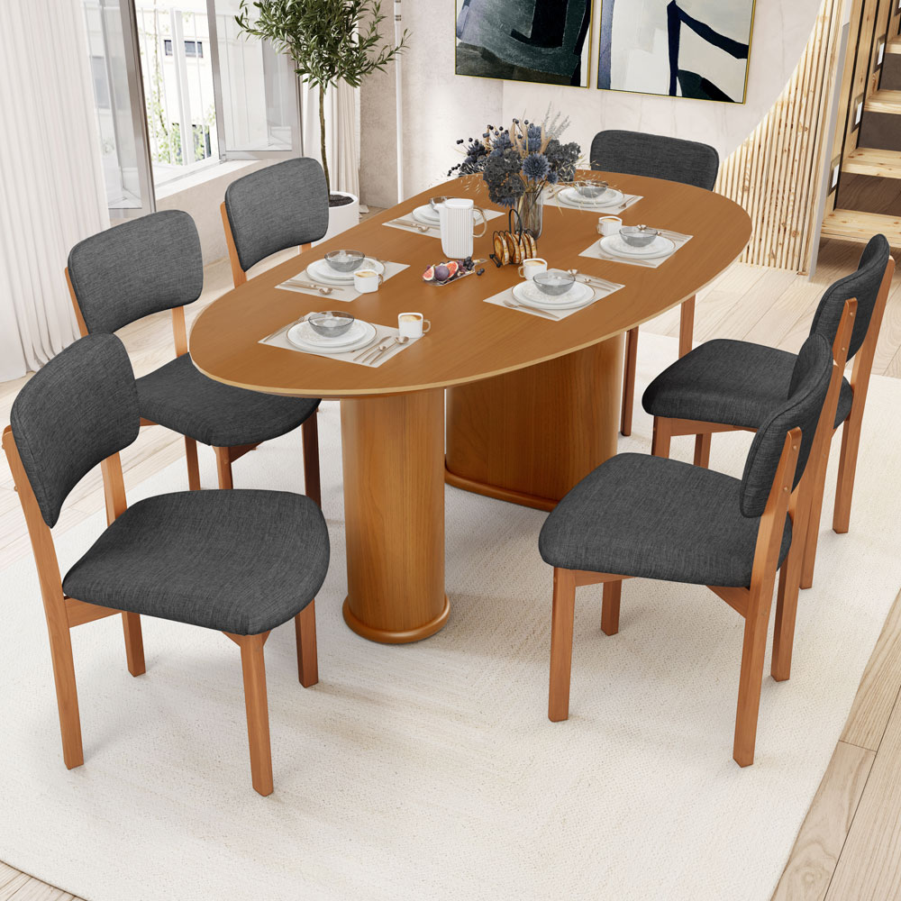 Mesa Para Sala de Jantar Ourense com 06 Cadeiras Sala de Jantar Dara L02 Linho Cinza Escuro - Lyam Decor