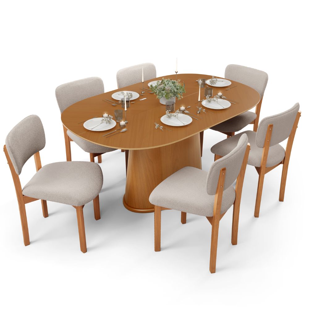 Mesa Para Sala de Jantar Valência com 06 Cadeiras Sala de Jantar Dara L02 Bouclê Creme - Lyam Decor