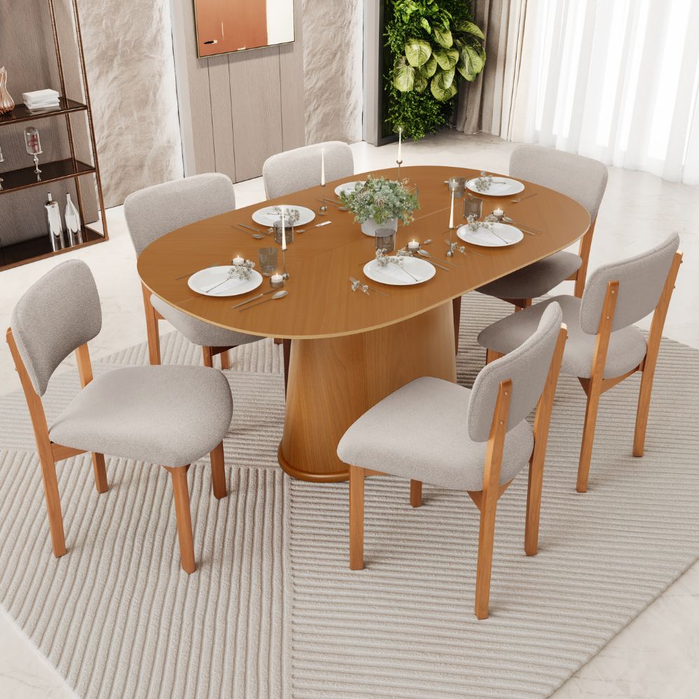 Mesa Para Sala de Jantar Valência com 06 Cadeiras Sala de Jantar Dara L02 Bouclê Creme - Lyam Decor