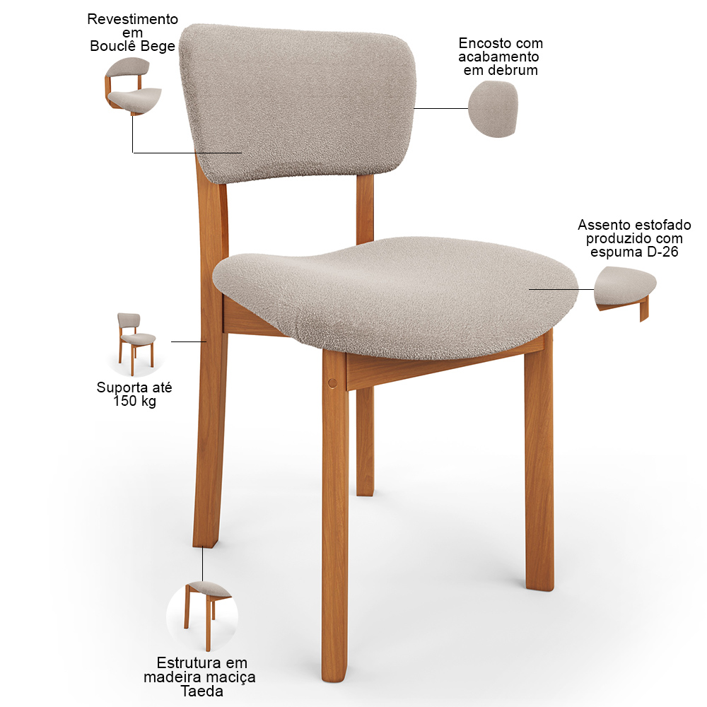 Mesa Para Sala de Jantar Valência com 06 Cadeiras Sala de Jantar Dara L02 Bouclê Creme - Lyam Decor