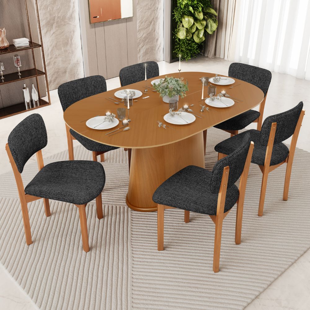 Mesa Para Sala de Jantar Valência com 06 Cadeiras Sala de Jantar Dara L02 Linho Chumbo - Lyam Decor