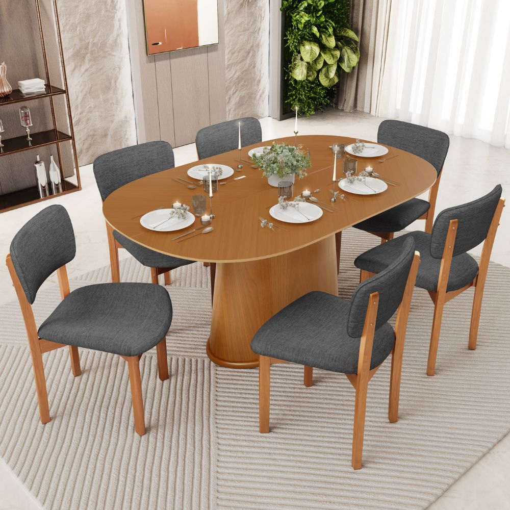 Mesa Para Sala de Jantar Valência com 06 Cadeiras Sala de Jantar Dara L02 Linho Cinza Escuro - Lyam Decor