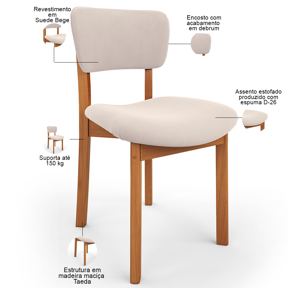 Mesa Para Sala de Jantar Valência com 06 Cadeiras Sala de Jantar Dara L02 Suede Bege - Lyam Decor