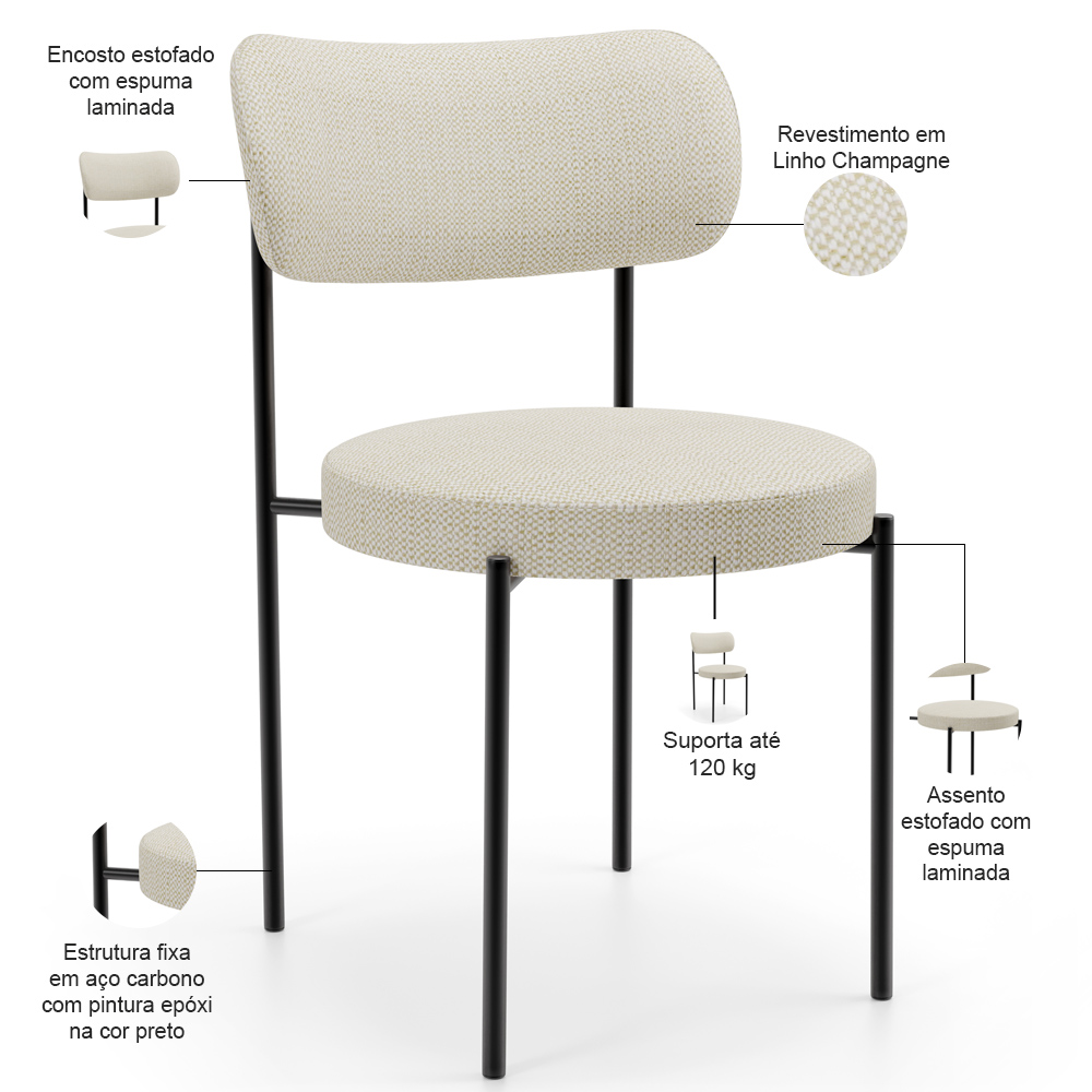 Mesa Para Sala de Jantar Valência com 06 Cadeiras Sala de Jantar Louise L02 Linho Champagne - Lyam Decor