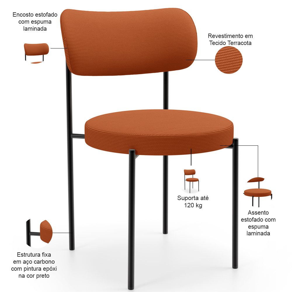 Mesa Para Sala de Jantar Valência com 06 Cadeiras Sala de Jantar Louise L02 Tecido Terracota - Lyam Decor