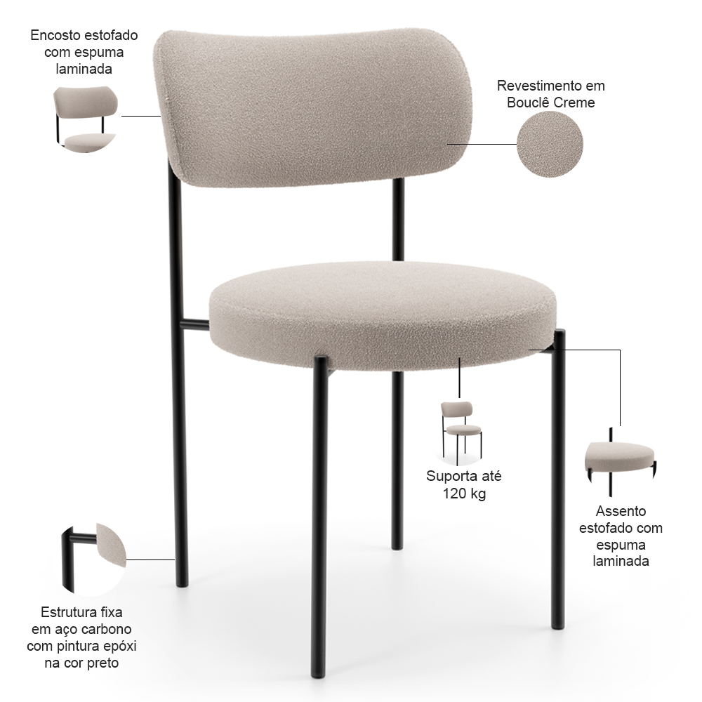 Mesa Valência com 06 Cadeiras Para Sala de Jantar Louise L02 Bouclê Creme - Lyam Decor
