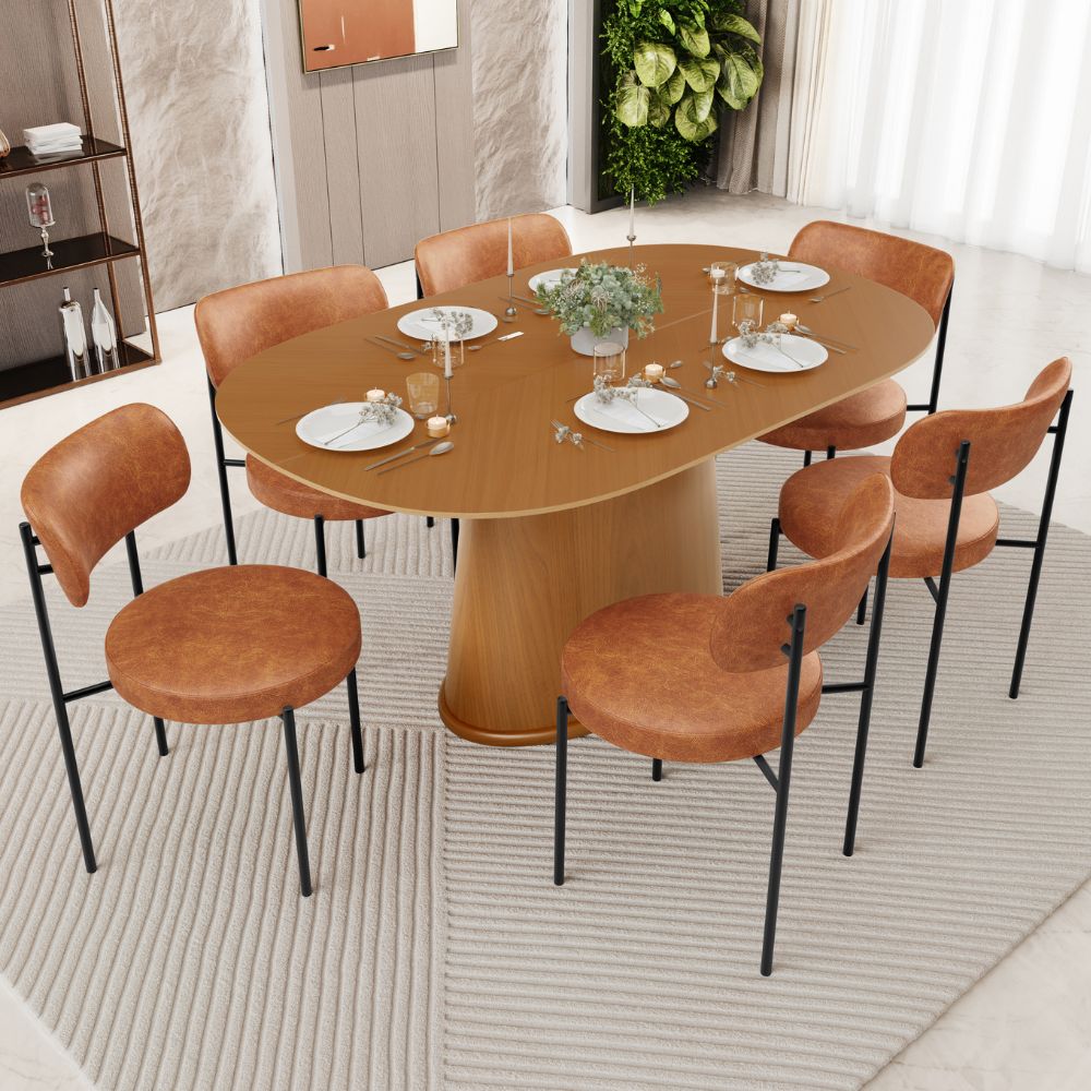 Mesa Valência com 06 Cadeiras Para Sala de Jantar Louise L02 Couríssimo Camel - Lyam Decor