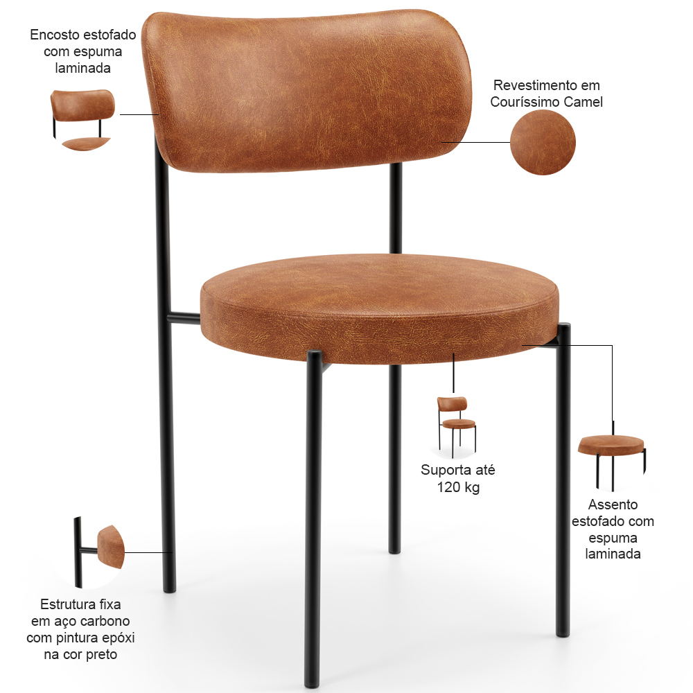 Mesa Valência com 06 Cadeiras Para Sala de Jantar Louise L02 Couríssimo Camel - Lyam Decor