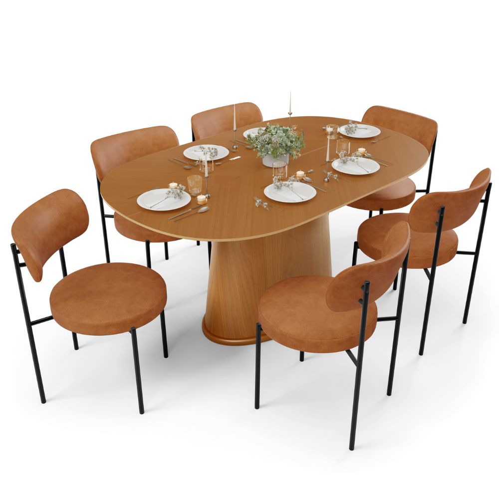 Mesa Valência com 06 Cadeiras Para Sala de Jantar Louise L02 Couríssimo Canela - Lyam Decor