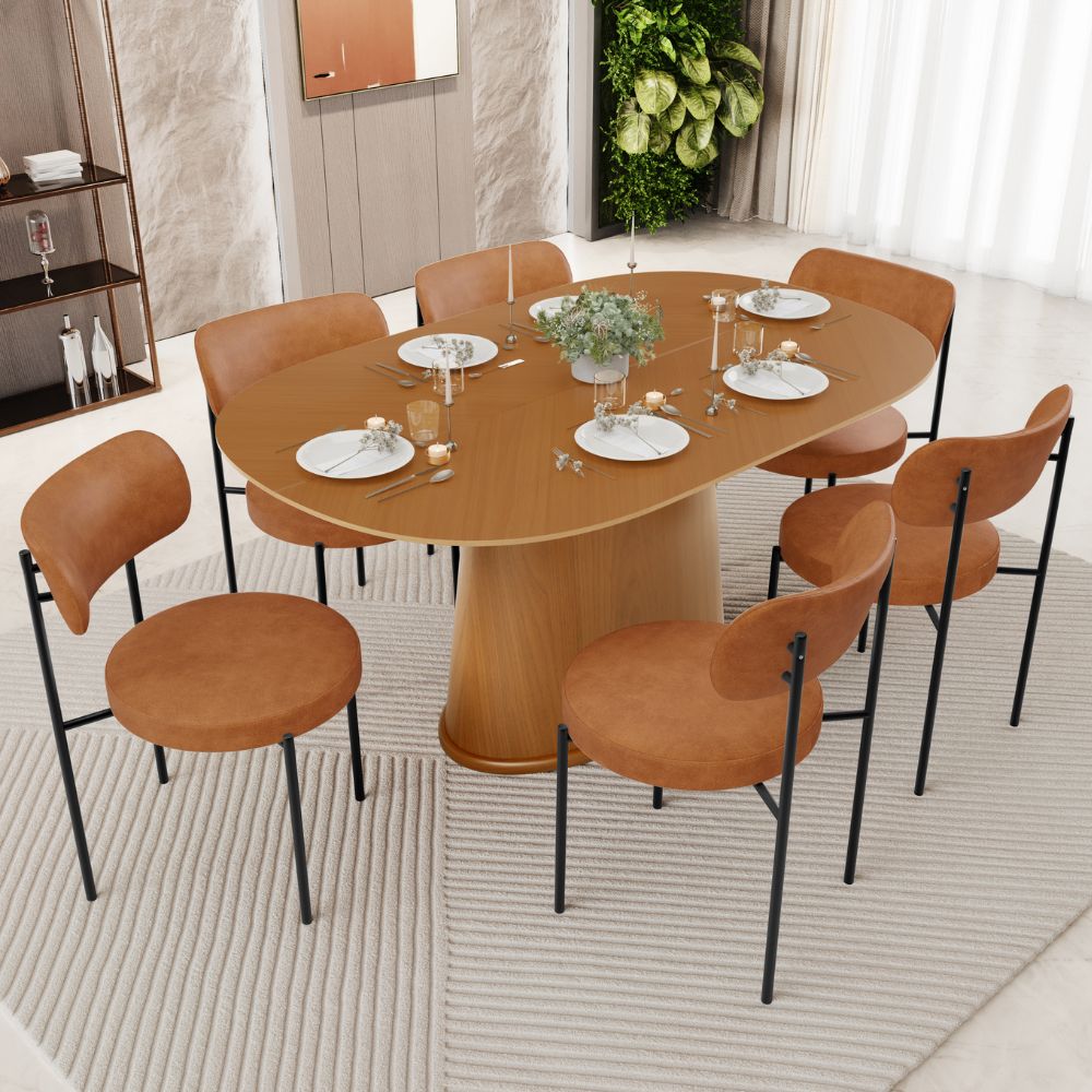 Mesa Valência com 06 Cadeiras Para Sala de Jantar Louise L02 Couríssimo Canela - Lyam Decor