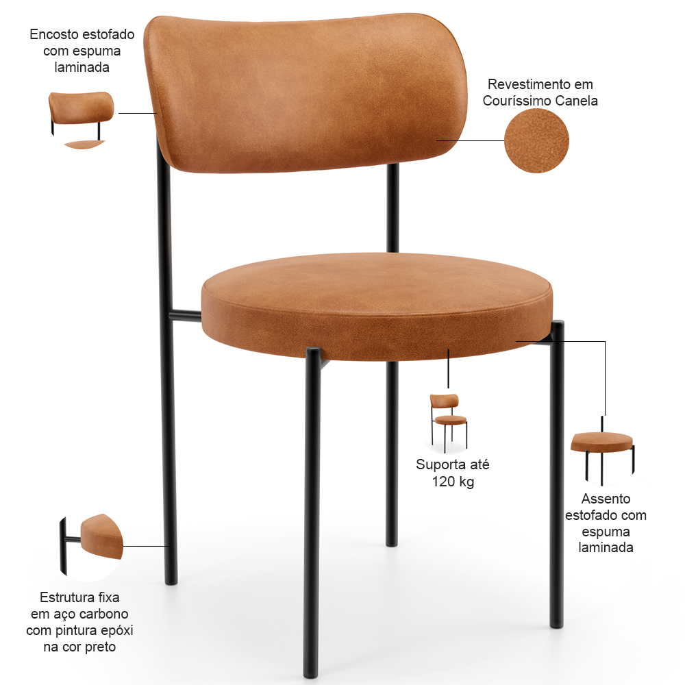 Mesa Valência com 06 Cadeiras Para Sala de Jantar Louise L02 Couríssimo Canela - Lyam Decor