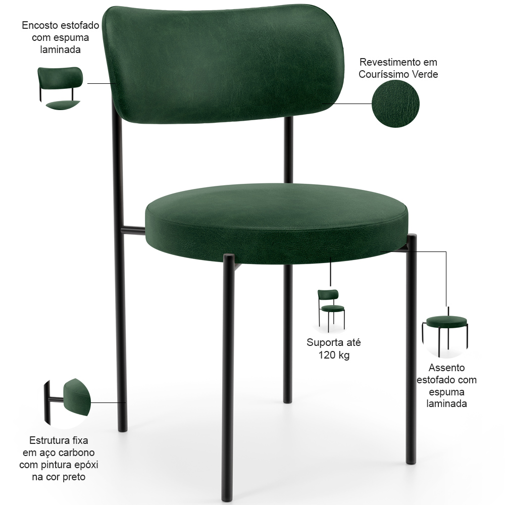 Mesa Valência com 06 Cadeiras Para Sala de Jantar Louise L02 Couríssimo Verde - Lyam Decor