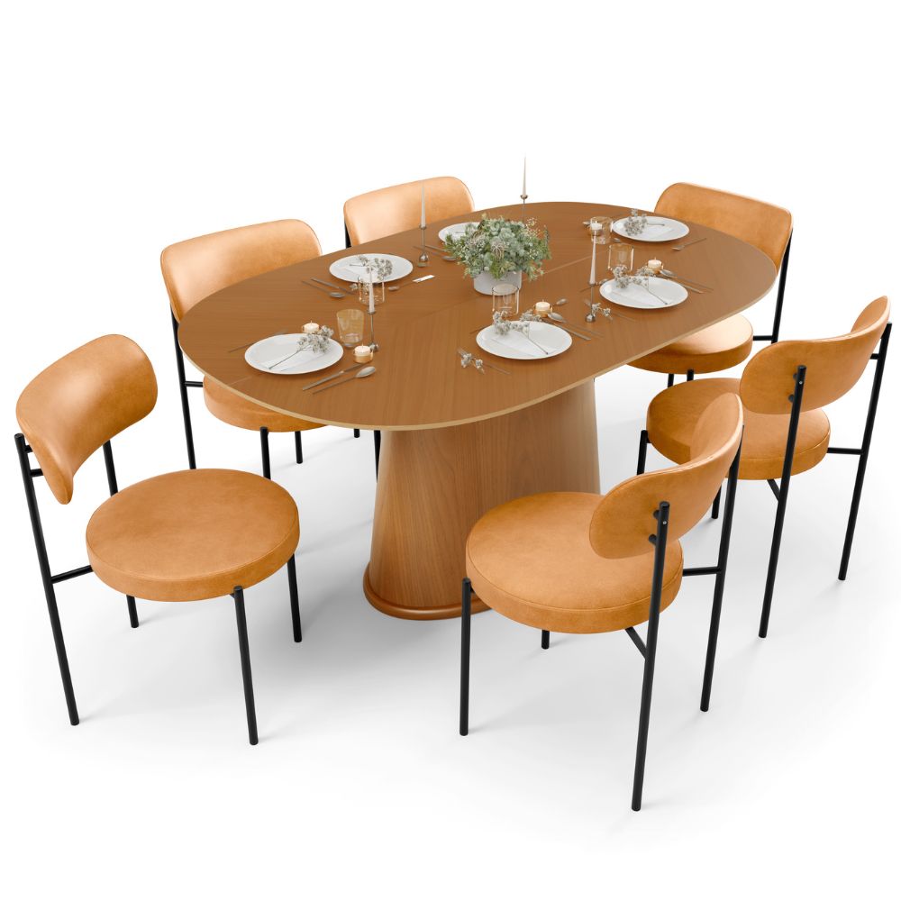Mesa Valência com 06 Cadeiras Para Sala de Jantar Louise L02 Couríssimo Whisky - Lyam Decor