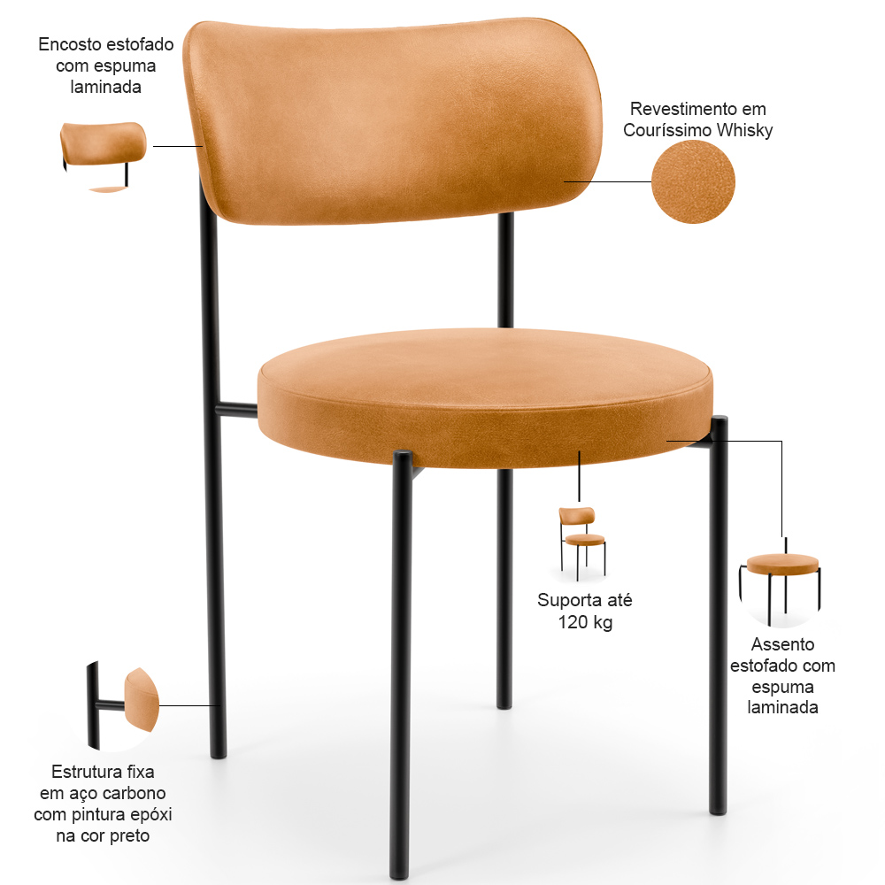 Mesa Valência com 06 Cadeiras Para Sala de Jantar Louise L02 Couríssimo Whisky - Lyam Decor