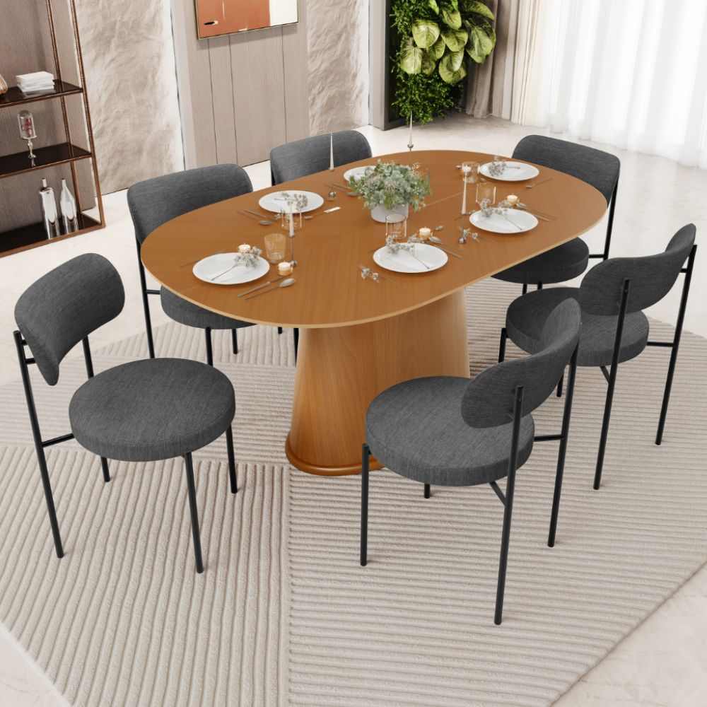 Mesa Valência com 06 Cadeiras Para Sala de Jantar Louise L02 Linho Cinza Escuro - Lyam Decor