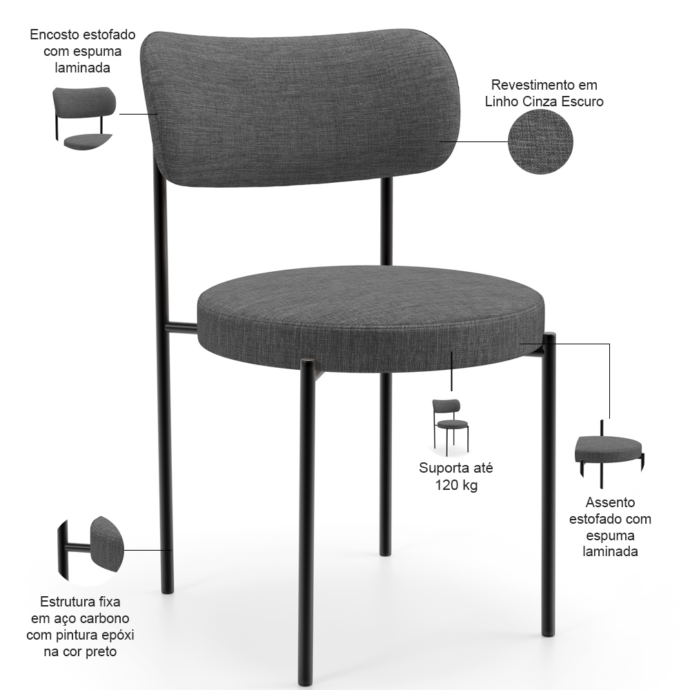 Mesa Valência com 06 Cadeiras Para Sala de Jantar Louise L02 Linho Cinza Escuro - Lyam Decor