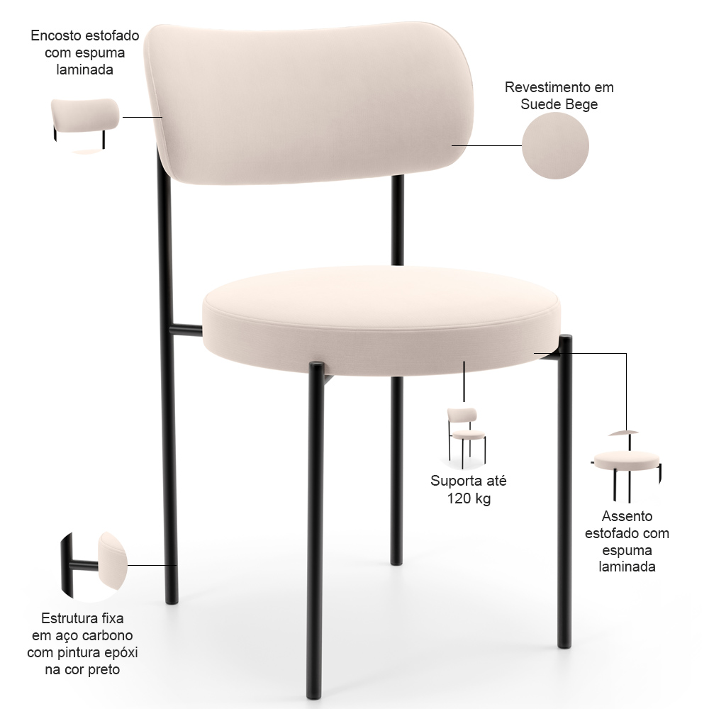 Mesa Valência com 06 Cadeiras Para Sala de Jantar Louise L02 Suede Bege - Lyam Decor
