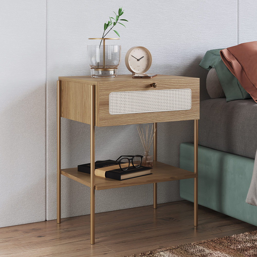 Mesa de Cabeceira 01 Gaveta com Telinha Industrial Indy A03 Hanover Dourado - Lyam Decor