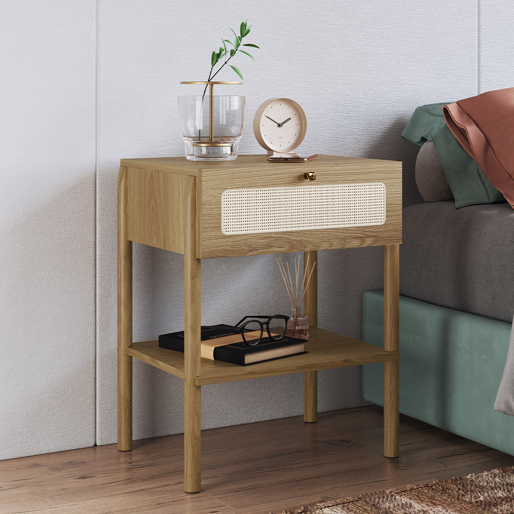 Mesa de Cabeceira 01 Gaveta com Telinha Pés Madeira Moss A03 Hanover Roble - Lyam Decor