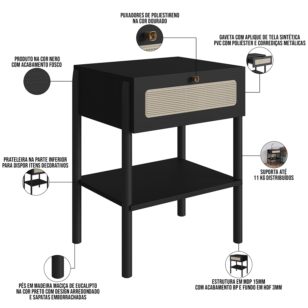 Mesa de Cabeceira 01 Gaveta com Telinha Pés Madeira Moss A03 Nero Preto - Lyam Decor