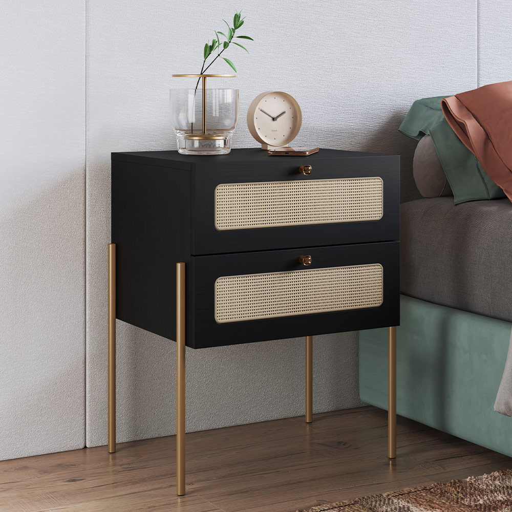 Mesa de Cabeceira 02 Gavetas com Telinha Industrial Indy A03 Nero Dourado - Lyam Decor