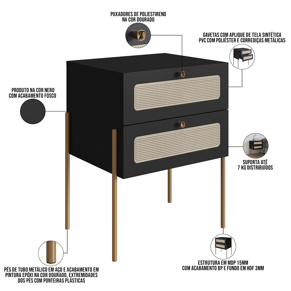 Mesa de Cabeceira 02 Gavetas com Telinha Industrial Indy A03 Nero Dourado - Lyam Decor
